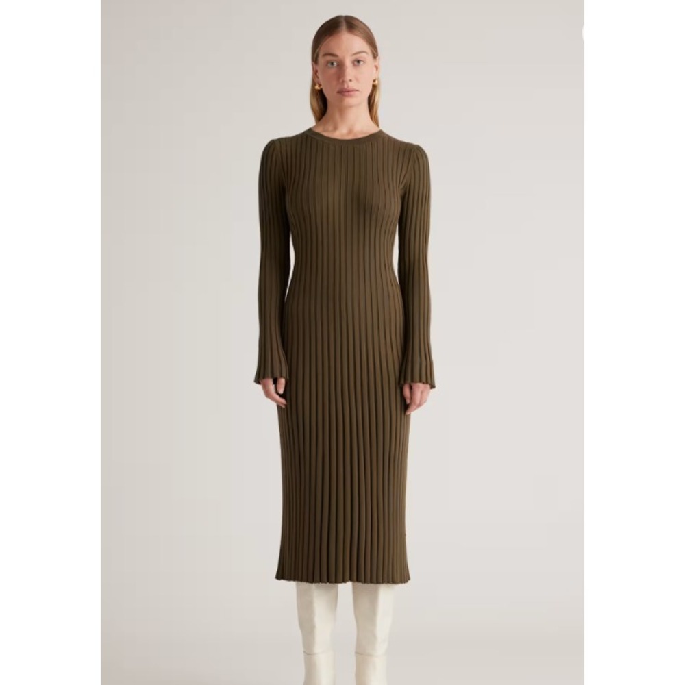 Quince Cotton Cashmere Ribbed Long Sleeve Crew Midi Dress Large Green Fall